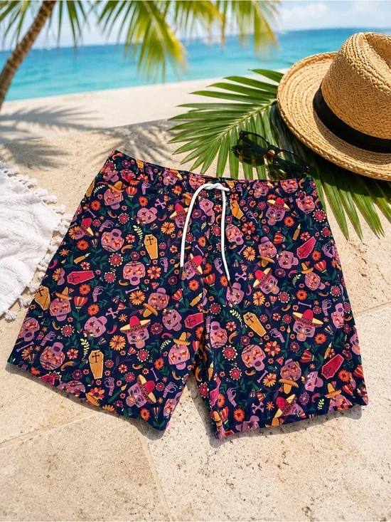 Berkley Jensen Día de los Muertos Swim Trunks Men’s L Floral Skull Shorts