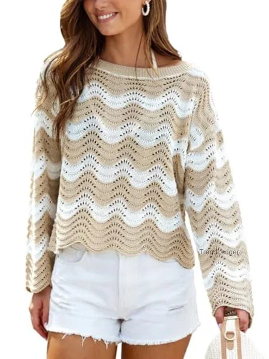 Women's Crochet Cover Up Long Sleeve Striped Beach Top for Swimwear