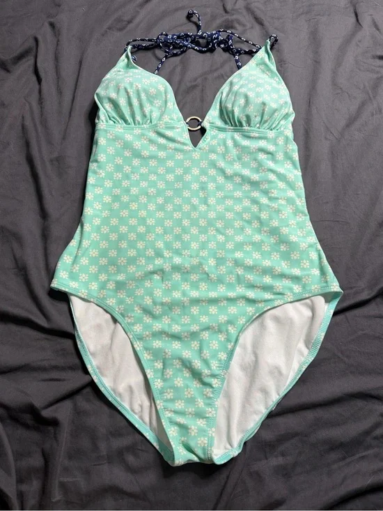 Old Navy Mint Green One-Piece Swimsuit with Navy Halter Tie