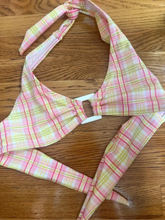 Plaid Halter Bikini Top in Pink, Yellow, White