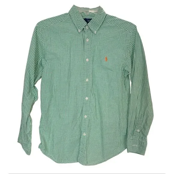 Ralph Lauren Boys Green/White Gingham Check Button Down Shirt Sz. 14-16 Latge