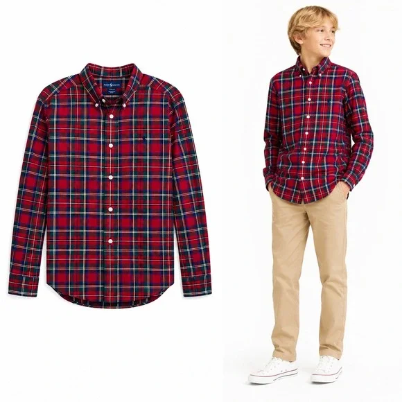 Ralph Lauren Button Down Boys L‎ 14-16 Red Tartan Plaid Long Sleeve Shirt Prep