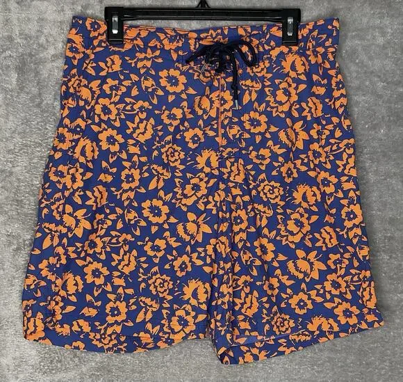 Brooks Brothers Mens Size 33 Swim Trunks Blue Orange Floral Print Hook & Loop