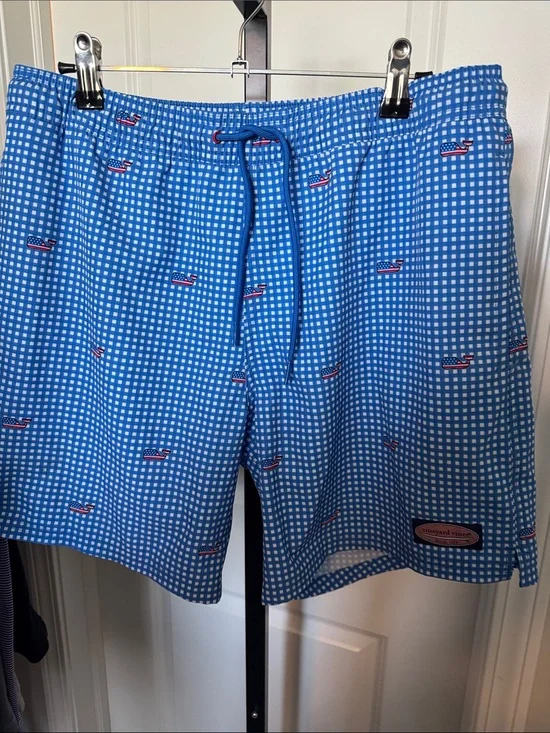 Vineyard Vines Blue Gingham Swim Trunks with Whale Motif