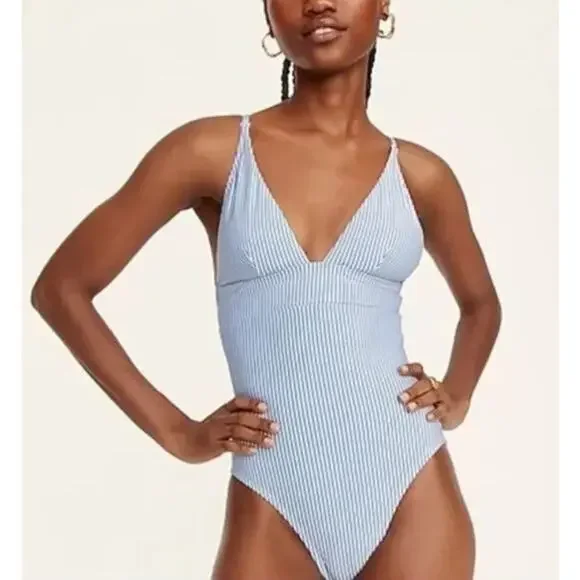 J. Crew Seersucker White Blue Striped Plunge‎ One-Piece Swimsuit Size 24 NWT