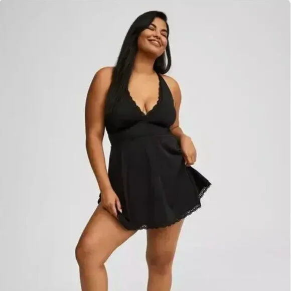 Torrid Mid Lace Trimmed Swim‎ Dress with Brief Deep Black size 4X