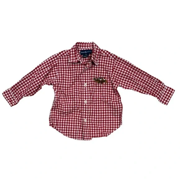Ralph Lauren Boys Red Gingham Plaid Cotton Long Sleeves Button Up Shirt Size 24M
