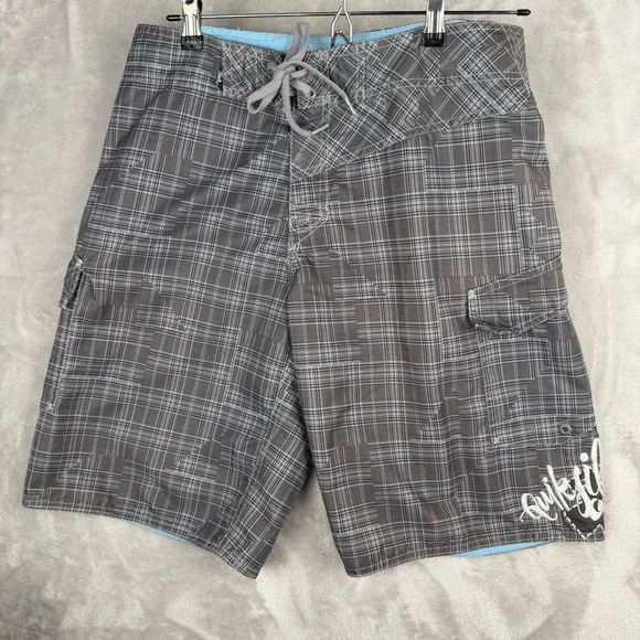 vintage y2k Quiksilver Mens Plaid Board Shorts Grey Blue Cargo‎ Pocket Size 34