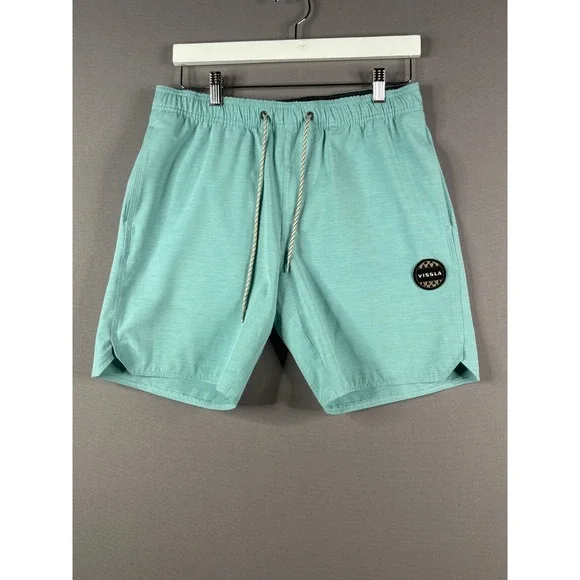 Vissla Board Shorts Mens Small Aqua Blue Upcycled Coconut Stretch Swim Trunks