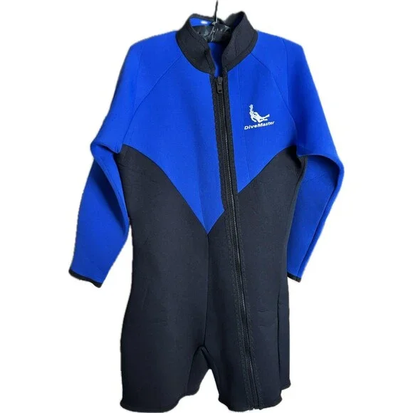 Vintage Divemaster Shorty Wetsuit XXL USA Made Blue Black 3mm Front Zip Diving