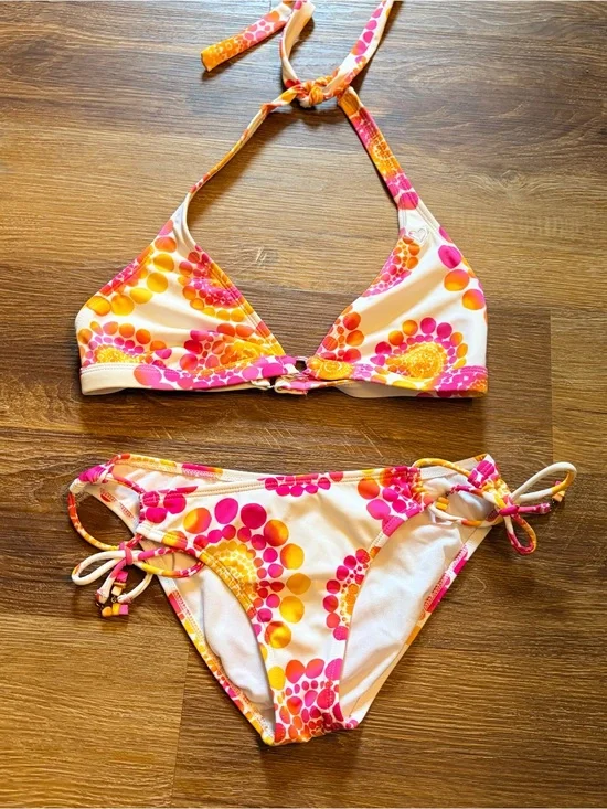 🌺 Roxy Halter Bikini Set Pink Orange White | Top + Small Tie-Side Bottoms