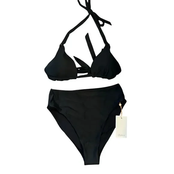 Quince Triangle Bikini Top and High Rise Bottom in Black Size M NWT!