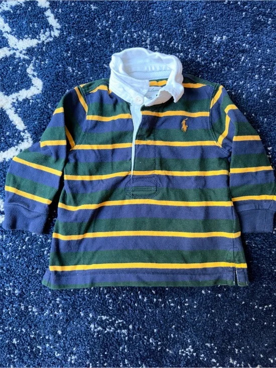 Ralph Lauren Green, Navy & Yellow Striped Rugby Polo with White Collar