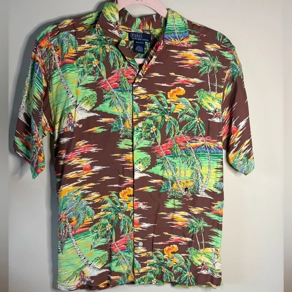 Polo Ralph Lauren vintage Brown/Green Hawaiian Loop  Collar youth‎ size M 10-12