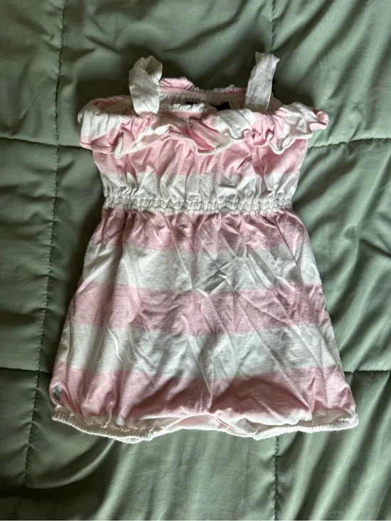 Ralph Lauren Pink and White Striped Baby Dress with Ruffle Neck