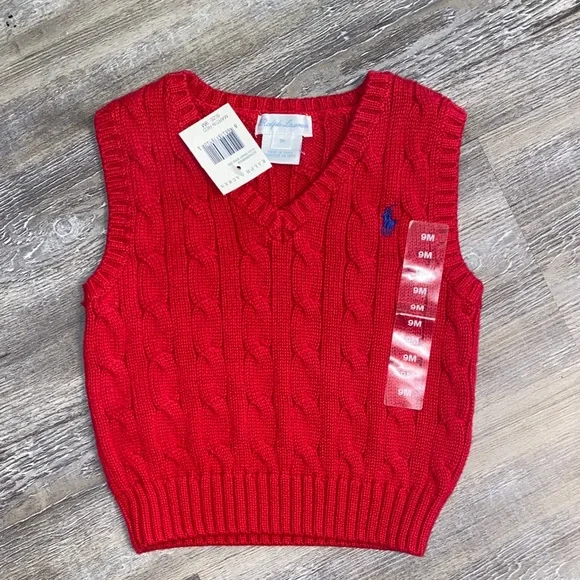 NWT RALPH LAUREN Infant Red Cable-knit SweaterVest 9 Mth