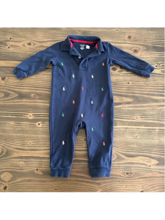 Polo Ralph Lauren Baby Romper 12M Navy All Over Pony Logo Long Sleeve