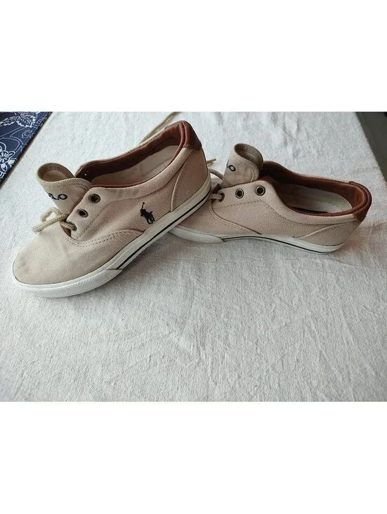 Kids Sz 1 Polo Ralph Lauren Beige Canvas Sneakers Brown Leather Trim