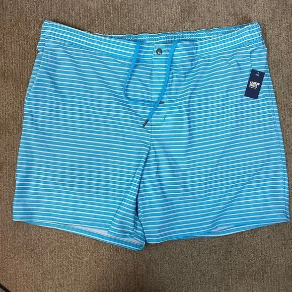 Lands End Mens Swim Trunks Shorts‎ Blue Stripe XXL Elastic Waist Pockets