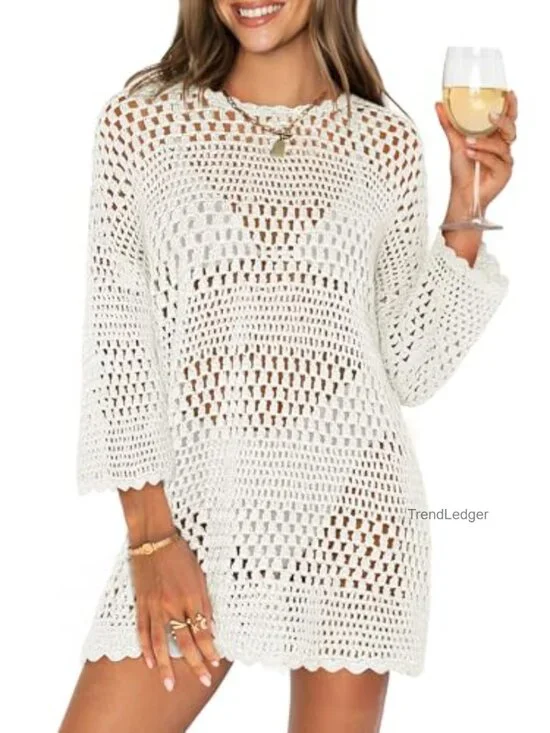 Women's 3/4 Sleeve Crochet Knit Swimsuit Cover Up Mini Dress
