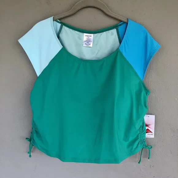 Lands End Colorblock Tankini Swim Top Womens 18W Green Blue Padded Beach Resort