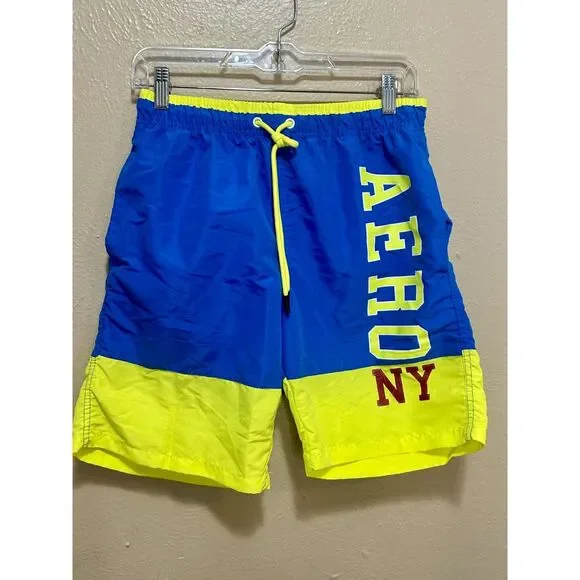 Aeropostale Men’s Swim Trunks‎ Small Blue Yellow Board Shorts AERO NY
