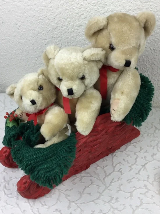 Plush Teddy Trio in Cream with Red Ribbons - Holiday Decorative Set