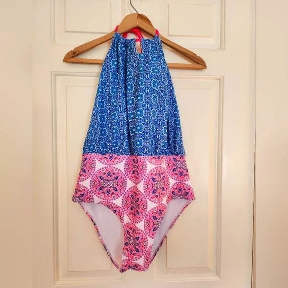 Nicole Miller one piece halter swimsuit upf blue pink mandala size xl