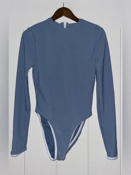 LainSnow‎ One Piece OBX Rashguard In Denim Outerbank Shelf Bra Swimsuit Women L