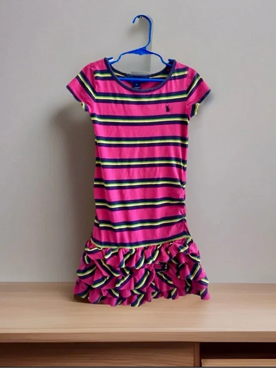 Ralph Lauren Hot Pink Stripe Ruffle-Hem Dress