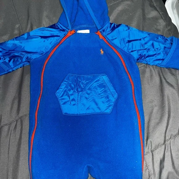 Ralph Lauren Baby Snow Suit 3M Blue Hooded‎ Fleece Winter Bunting One Piece