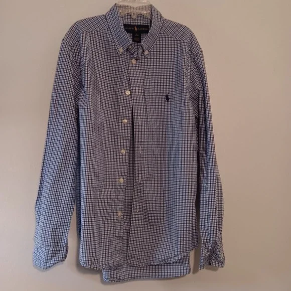 Ralph Lauren Boys Button Down‎ Shirt Blue White Gingham Check Size M (10-12)