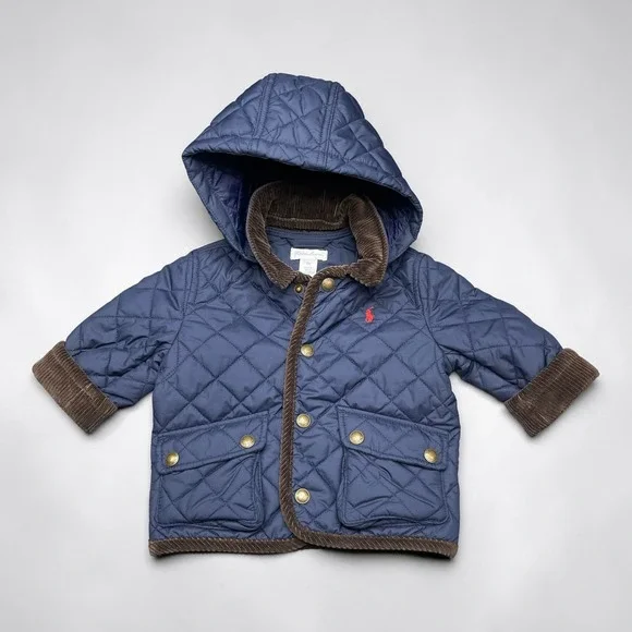 Ralph Lauren Kids Navy Blue Quilted Hooded Barn Jacket Corduroy Trim‎ 9M