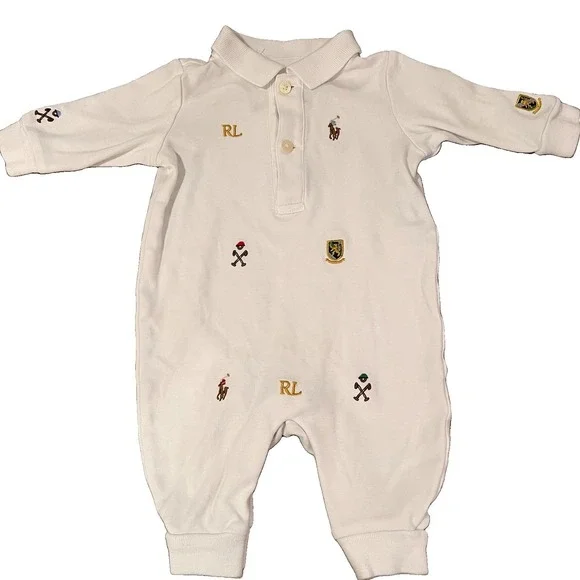 Ralph Lauren Baby Polo Jumpsuit 3M White Footless One Piece Preppy Infant Outfit
