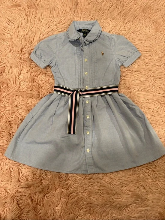 Ralph Lauren Light Blue Cotton Shirt Dress with Striped Ribbon Belt