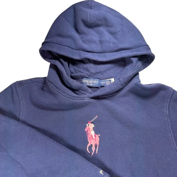 Ralph Lauren Pink Pony Hoodie Navy Blue Kids‎ Girls Large 14-16 Fleece Pullover