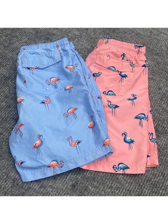 Lot Of 2 Club Room Swim Trunks Lined Shorts Men M Blue Pink Flamingo AOP Pockets