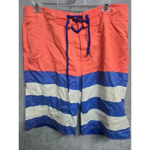 Hollister Mens Board Shorts XL Orange Blue White Striped Swim Trunks Colorblock