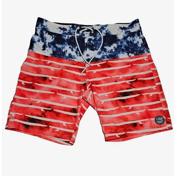 Psycho Tuna Mens Board Shorts Sz 34 Red‎ White Blue USA Surf Board Swim Trunks