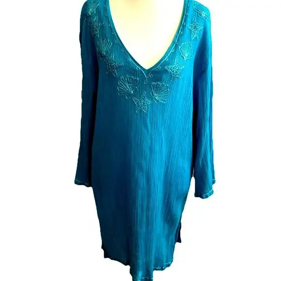Sea Shells Embroidered coverup tunic V Neck Sea Teal Green Casual Beach Boho XL