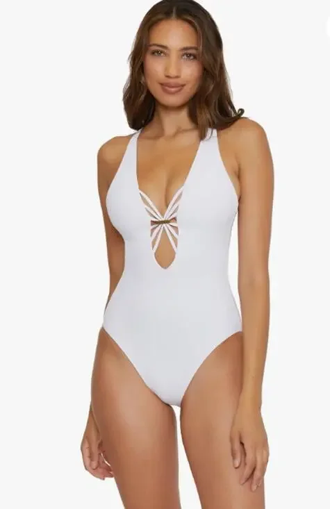 BECCA Women's Haley One Piece Swimsuit Medium White Plunge Neck  Modern Edge NWT