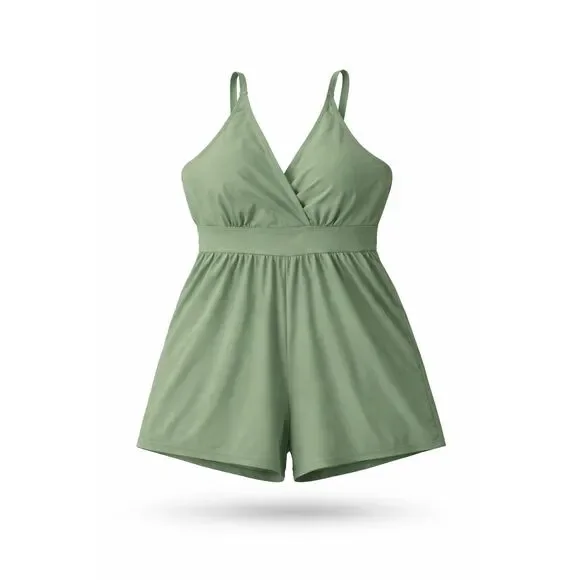 BloomChic 22-24 Sage Green Swim Romper One Piece Shorts Swimsuit Pockets