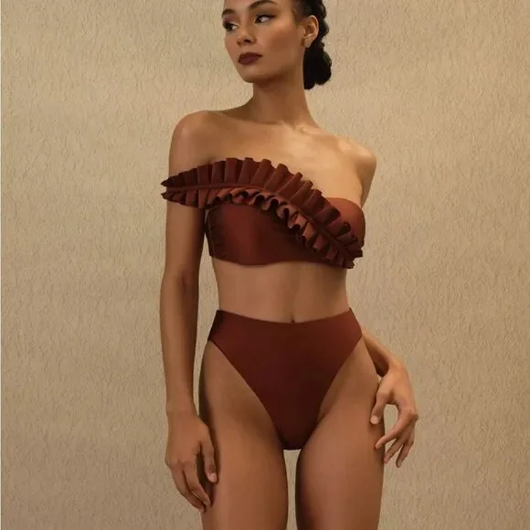 NWT Andrea lyamah 2 Piece LIVA Bikini in Chocolate Size Medium asymmetric ruffle