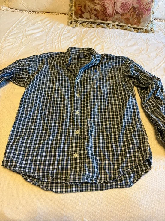 Youth Boys' Large Classic Plaid Button-Up Shirt in Blue and Green EUC