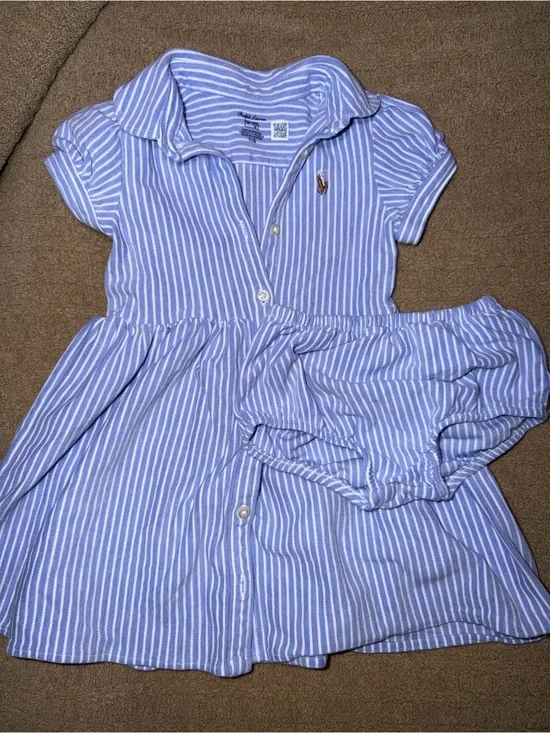Baby Ralph Lauren Light Blue & White Striped Polo Dress with Matching Bloomers