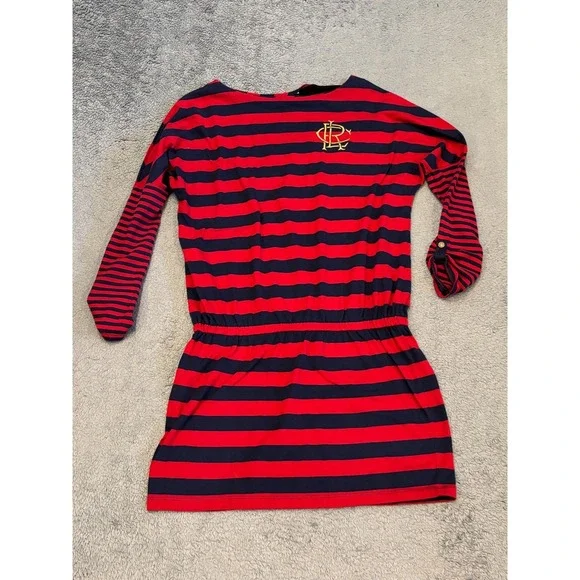 VTG Ralph Lauren Girls Shirt Dress Size L 12-14 Red Blue Striped Elastic Waist