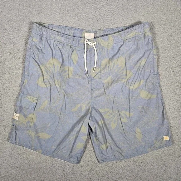 Quiksilver Waterman Shorts Mens XL Blue Floral Cargo Swim Trunks Drawstring Logo