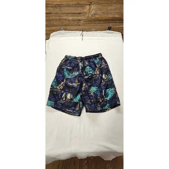 Covington Mens Tropical Sailboat Print Swim Trunks Navy Teal Size Medium 32-34