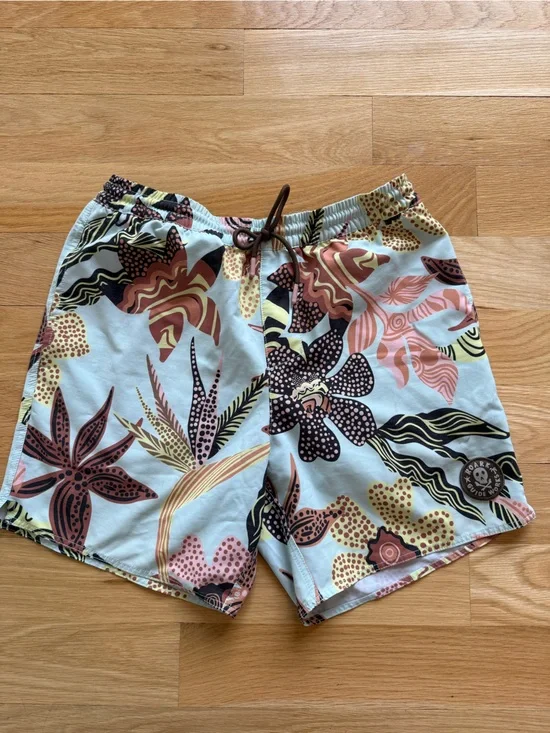 Roark Men's Floral Swim Shorts - Light Blue, Coral & Brown - Small