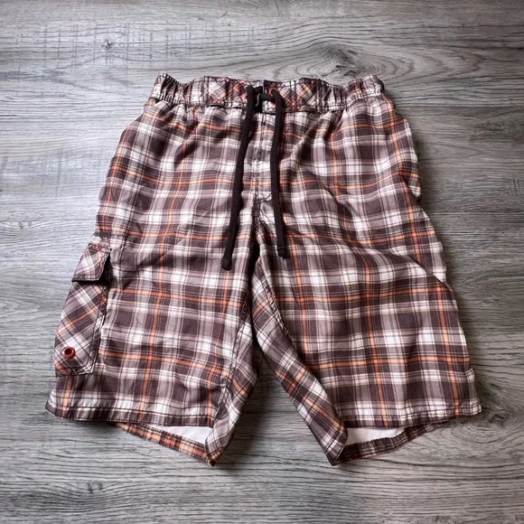Old‎ Navy Board Shorts Mens Medium Brown Orange Plaid Cargo Swim Trunks SPR09